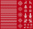 Knit sweater elements. Vector. Christmas seamless borders. Fairisle ornaments. Scandinavian pattern with snowflake, reindeer, tree, snowman. Red white texture. Knitted print. Xmas, winter illustration