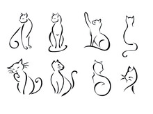 Cats Drawing Set. Cat Doodles In Abstract Hand Drawn Style, Black And White Line Art Vector Illustration. Kitten Isolated On White Background.