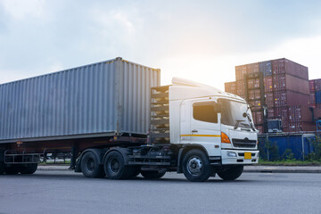 Wall Mural - Container cargo truck in ship port Logistics.Transportation industry in port business concept.import,export logistic industrial Transporting Land transport freight warehouse storge