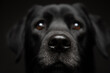 isolated older black labrador retriever dog close up head portrait looking at the camera on a dark background in the studio with focus on the nose