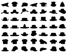 Black Silhouettes Of Various Caps And Hats On A White Background