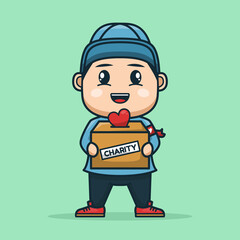 cute boy hold charity donation box. heart in box. mascot vector character design.