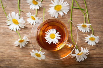 Wall Mural - cup of herbal chamomile tea with fresh chamomile flowers