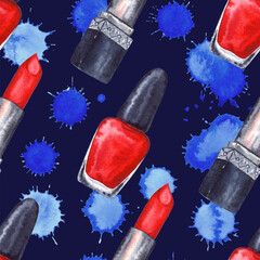 Poster - Watercolor women's red lipstick nail polish manicure cosmetics make up spot seamless pattern texture background