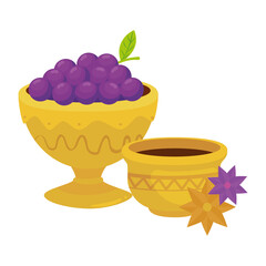 Wall Mural - golden arabian pots with grapes and flowers, arabic culture heritage on white background vector illustration design