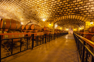 Oak barrels in wine cellars, Changli County, Hebei Province, China