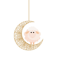 Wall Mural - eid celebration ornament on white background, moon with sheep hanging vector illustration design