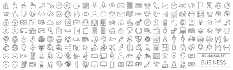200 line icon set related to business