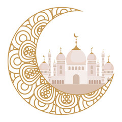 Wall Mural - eid celebration ornament on white background, moon with mosque vector illustration design