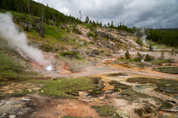 Colorful Blood Geyser in Yellowstone National Park, along the Artists Paint Pot trail