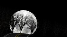 Without Leaf Tree Silhouette On Steep Hill Rural Road With Falling Full Moon In Background(3D Rendering)