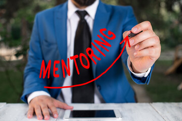 Text sign showing Mentoring. Business photo text an act or method of supporting and giving advice to a younger digital arrowhead curve rising upward denoting growth development concept