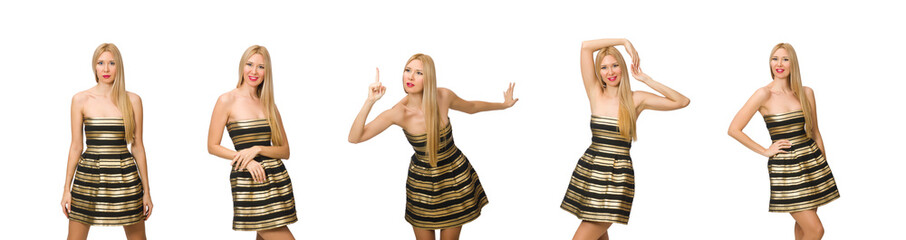 Canvas Print - Woman in striped gold and black dress isolated on white