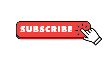 Subscribe button with hand click icon. Finger pointer clicking web site call to action. Clic vector.