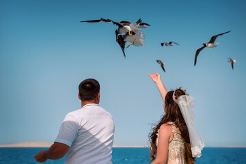 Wall Mural - Newlyweds feed the seagulls.