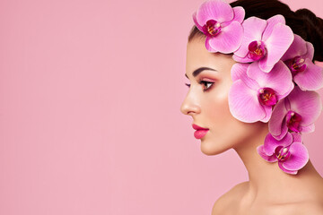 Wall Mural - portrait of beautiful young woman with orchid. brunette woman with luxury makeup. perfect skin. eyel