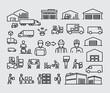 © SimonP - Warehouse logistics buildings, delivery cargo trucks, forklifts and workers vector line icons set