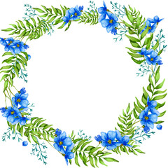  Round frame with blue flowers of the violet and green branches. Watercolor hand-painting elements. Isolated on the white. Perfect for invitation or poster