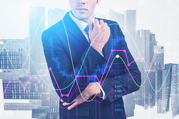 Poster - Thoughtful man in city, financial graph