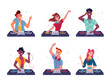 © Sensvector - Set of isolated dj at turntable. Party man and woman play at disco. Cartoon male and female with headphone and mic, vinyl. Night discotheque or nightclub sign. Disc jockey scratching. Music, sound