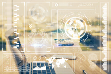 double exposure of desktop computer and technology theme hologram. concept of software development.