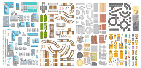 Vector set. Production, construction, transport. Top view. Factories, railway, construction machinery and materials, road and cars.