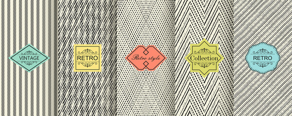 Poster - Set of seamless geometric textures with trendy modern colorful labels. Shabby chic striped. Vector illustration vintage design.
