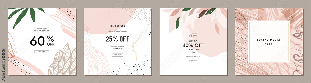 Trendy abstract square art templates with floral and geometric elements. Suitable for social media posts, mobile apps, banners design and web/internet ads. Fashion backgrounds.  - obrazy, fototapety, plakaty 