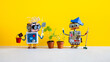 Robotics automation gardening concept. Two happy gardener robots stand next to flower pots with young plants. Yellow gray background