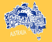 Vector Hand Drawn Stylized Map Of Australia. Travel Illustration Of Commonwealth Of Australia Landmarks. Hand Drawn Lettering Illustration. South Lands Map Element