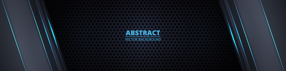 Aufkleber - Dark gray carbon fiber background with blue luminous lines and highlights. Wide technology, modern, futuristic, luxury abstract background. Dark wide banner. Vector illustration EPS10.