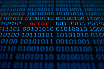 Wall Mural - binary code number background in blue on black screen and word error in red color in the middle