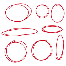 Set Hand Drawn Ovals, Felt-tip Pen Circles. Vector Collection Of Doodle Red Frames.
