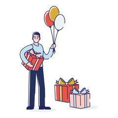 Wall Mural - Man with presents boxes and air balloons happy smiling. Cartoon male character holding gifts