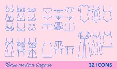 Set of lingerie outline icons. Modern women underwear - linear collection. Panties, bras, corsets and bodies - fashion flat sketches. Isolated template for infographic, ad, social media, web design