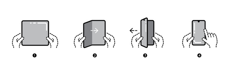 Smart Phone Tablet with Foldable Screen. Step by step folding unfolding manual instructions. Vector Isolated.