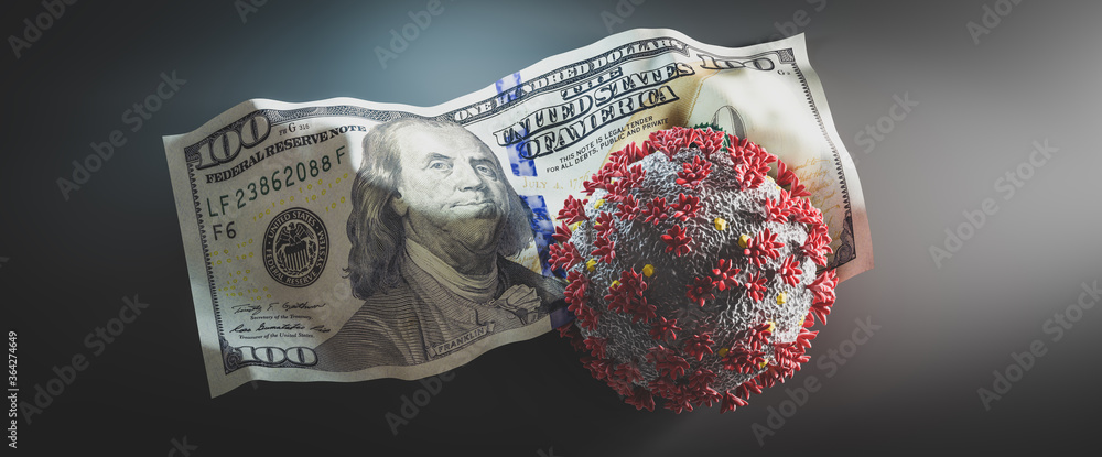 Coronavirus Covid19 on crumpled one hundred dollar bill. - obrazy, fototapety, plakaty 