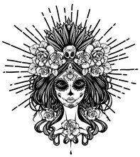 Vector Illustration. Dia De Los Muertos, Magic,day Of Dead Faces, Girl, Mysticism, Tattoos. Handmade, Prints On T-shirts, Background White