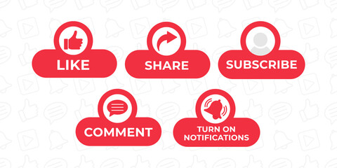 Like, Share, Comment, Subscribe and share icon button vector illustration. Set of social media button or icon vector illustration design template for video channel, blog and background banner concept