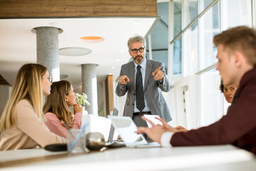 Wall Mural - Mature businessman explaining strategy to group of multiethnic business people while working on new project