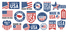Large Set Of Made In USA Labels, Signs. USA Patriotic Signs. Americans Banners Templates. Vector Illustration.
