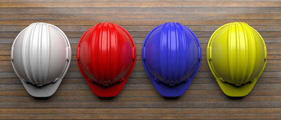 Wall Mural - Hard hats various colors on wood, top view. 3d illustration