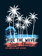 Santa Monica Theme Palm Trees With Brush Textures And Texts. Vector Illustrations For T-shirt Prints, Posters And Other Uses. 