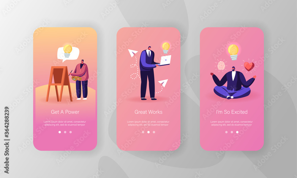 Inspiration Mobile App Page Onboard Screen Template. Male and Female Characters Search Creative Idea, Meditating, Painting on Easel and Working on Laptop. Concept. Cartoon People Vector Illustration - obrazy, fototapety, plakaty 