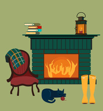Living Room Interior With Fireplace,vintage Empire Armchair With Checkered Plaid.Autumn Cozy Atmosphere.Rubber Boots Dry By The Fire,lamp Burns.Family Reunion.Cat Sleeps.Vector Illustration Flat Style