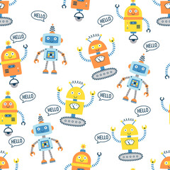 Wall Mural - Seamless pattern with cute robots. Vector illustration on a white background