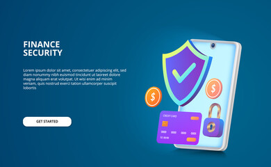 Wall Mural - financial security payment concept. Modern illustration with glow screen and gradient color. shield, padlock, coin, credit card 3D with smartphone