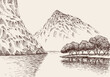Mountain river landscape. Hand drawn vector illustration of mountain ranges and smooth flowing waters