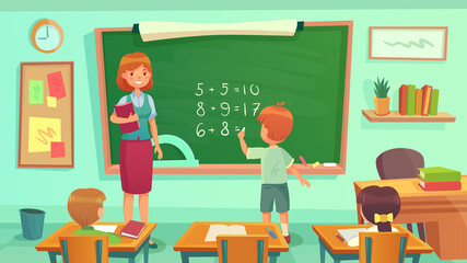 Wall Mural - Maths class, woman teacher and pupils sitting at desks in room. Kids learning mathematics, having lesson. Boy doing calculation on blackboard. Education concept, knowledge vector illustration