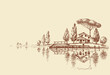 A house by the lake, simple architecture design, sketch wallpaper